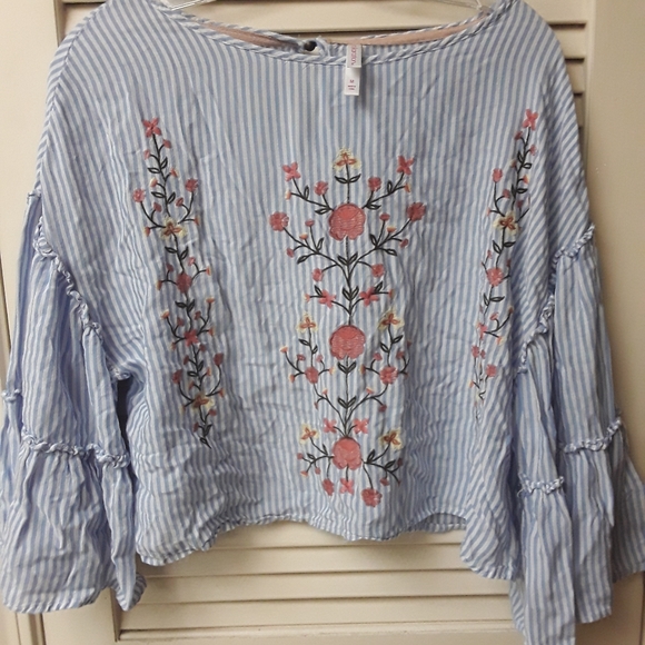 Blue Striped Embroidered Boho Flowy Top M - Picture 1 of 8